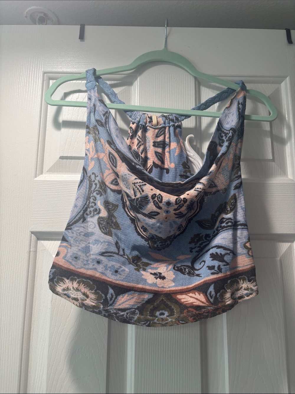 Free People Blue Paisley Drape Halter Tank with Pink Accents